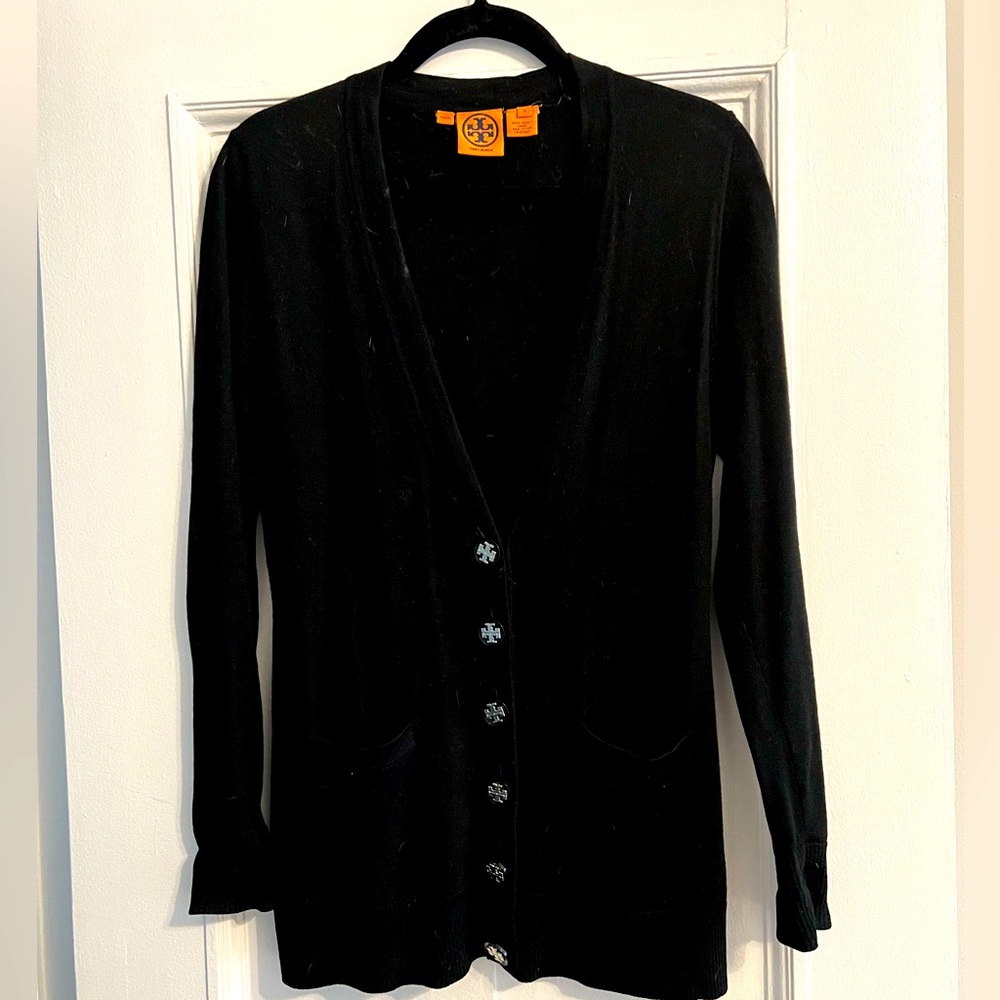 Tory Burch Logo Button Down 100% Wool Sweater.